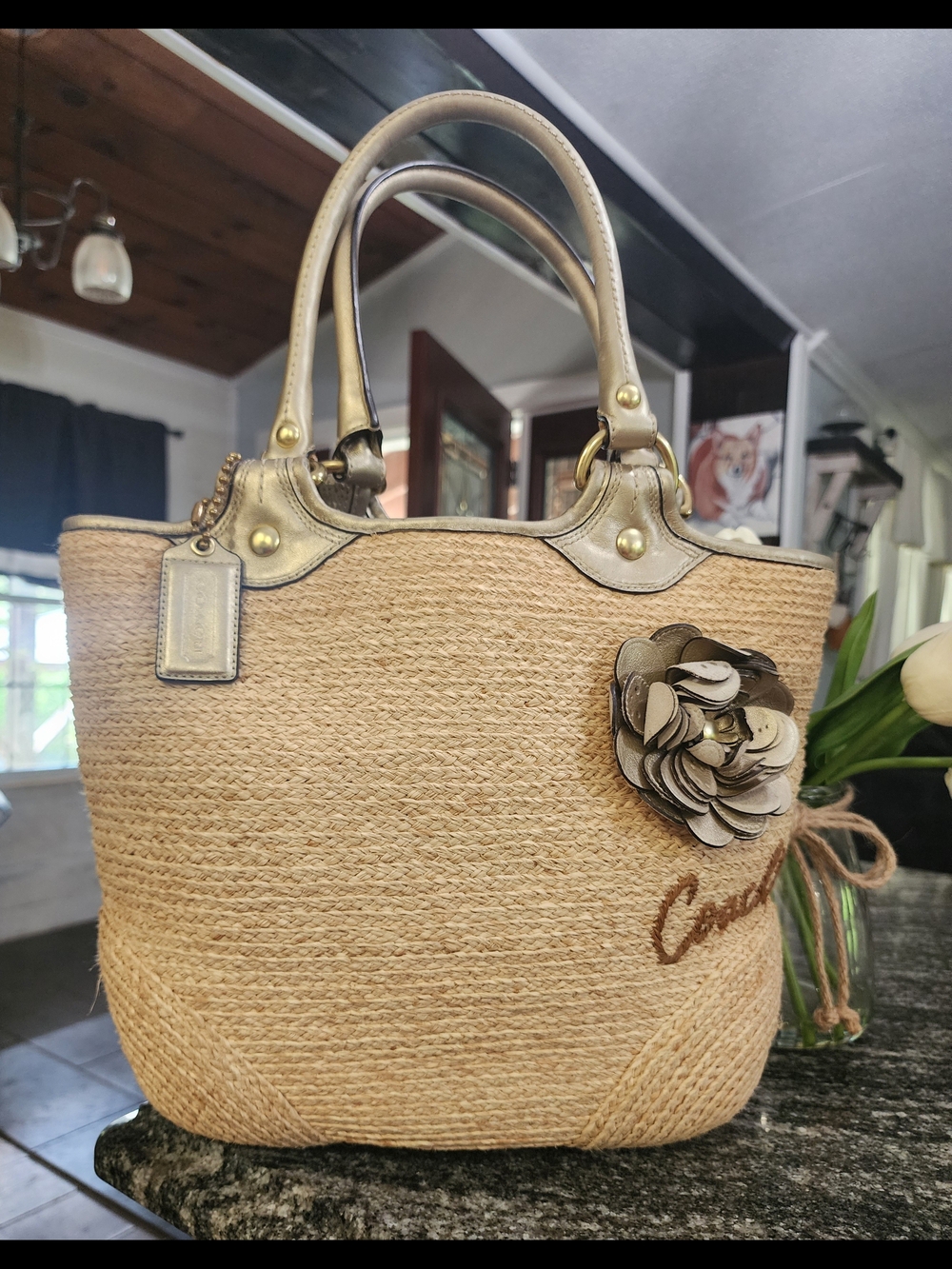 Coach Bleeker Straw Tote with Leather Trim and Flower Accent-No-M0868-F13373